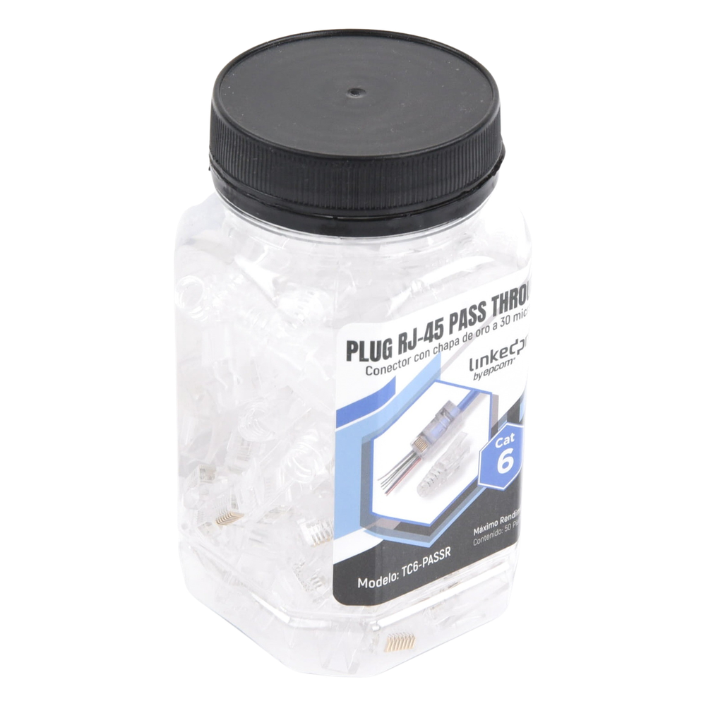 Bote con 50 Plugs Pass Through RJ45 Cat6 sin Blindaje, con Alivio de Tensión Incluido, Chapado de Oro a 30 Micras para Durabilidad Extrema