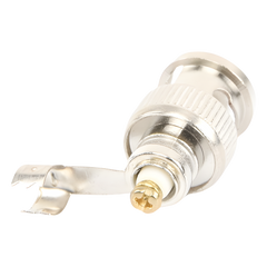 Conector BNC macho en 75 Ohm, para cable coaxial RG-59 / Con base de alivio negra de PVC, Níquel/ Oro/ PTFE.