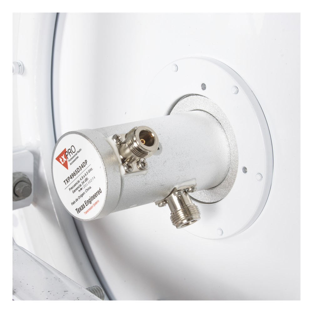 Antena direccional de 3ft, 4.9 a 6.5 GHz, Ganancia 34 dBi, Conectores N-hembra, Polarización doble, incluye montaje para torre o mástil