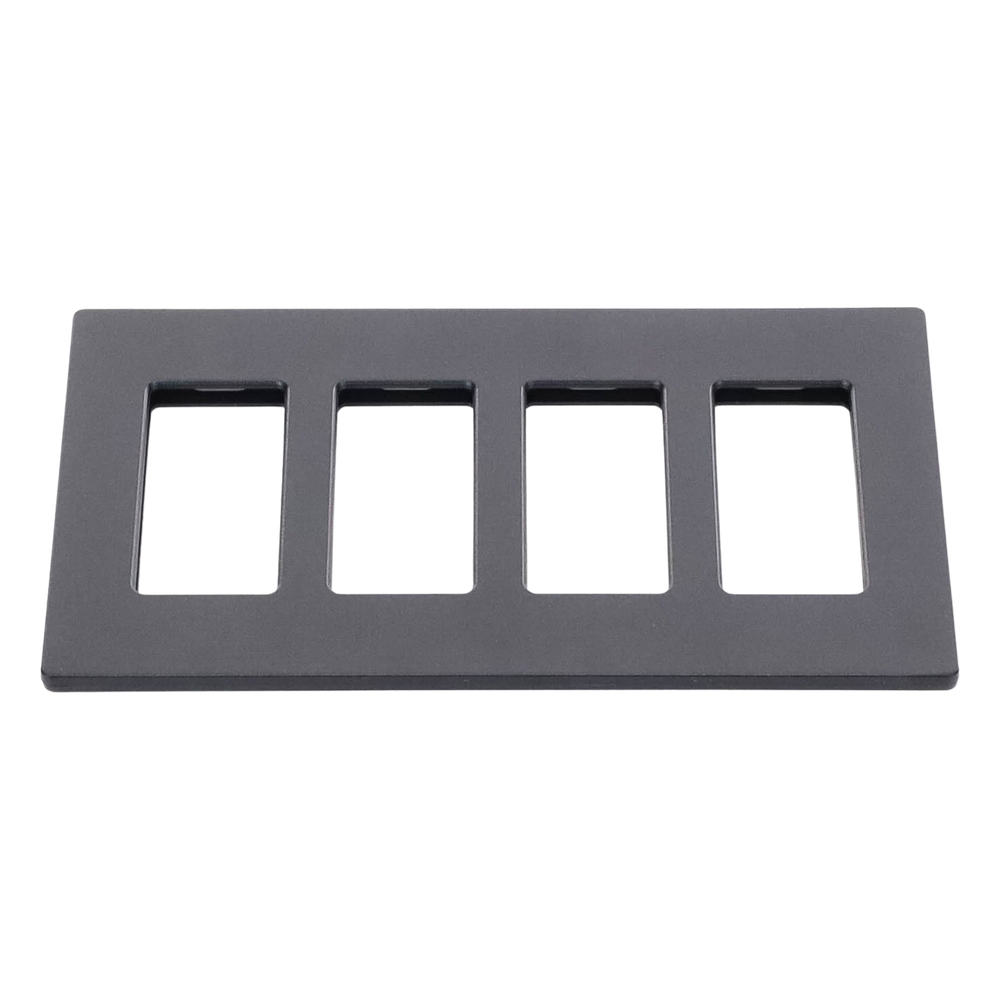 Placa de pared de 4 espacios sin tornillos visibles, acabado satinado color Midnight (gris oscuro), para atenuadores y controles Lutron con apertura tipo designer