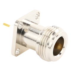 Conector N Hembra de Montaje de Panel con 4 perforaciones a 12.7 mm, soldable.