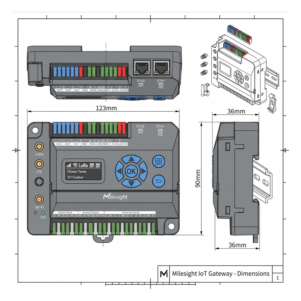 Gateway IoT LoRaWAN para Automatización de Edificios / Quad-Core 1.5 GHz / 8 Canales LoRaWAN / 2,000 Dispositivos / Edge Computing / 4G LTE / KNX + BACnet + Modbus / RS485 + M-Bus