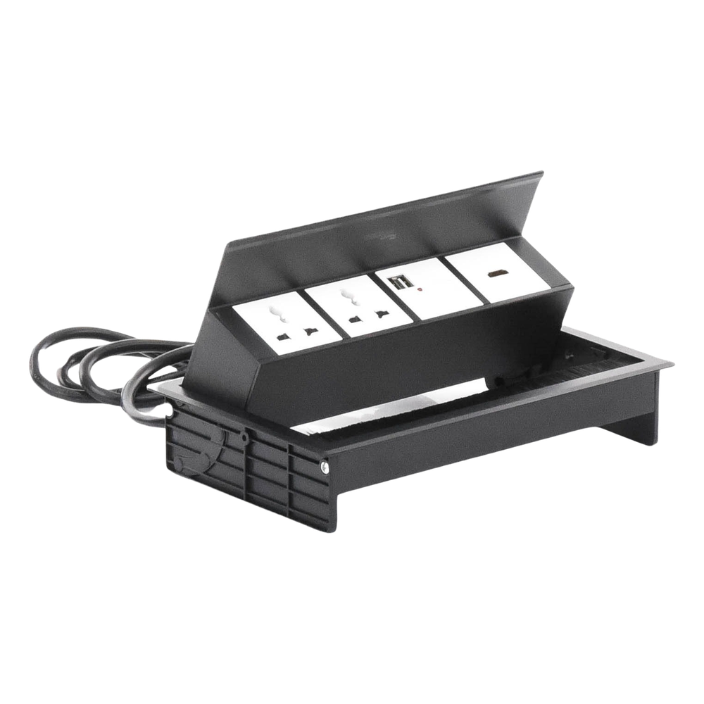 Caja Horizontal Tipo Hub para Escritorio Color Negro, con 1 Puerto HDMI Hembra-Hembra, 1 Puerto RJ45 Cat6, 2 Puertos USB (Solo Carga), y 2 Contactos Eléctricos Universales