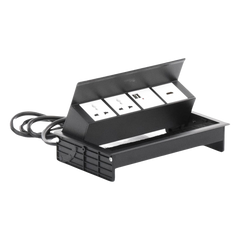 Caja Horizontal Tipo Hub para Escritorio Color Negro, con 1 Puerto HDMI Hembra-Hembra, 1 Puerto RJ45 Cat6, 2 Puertos USB (Solo Carga), y 2 Contactos Eléctricos Universales