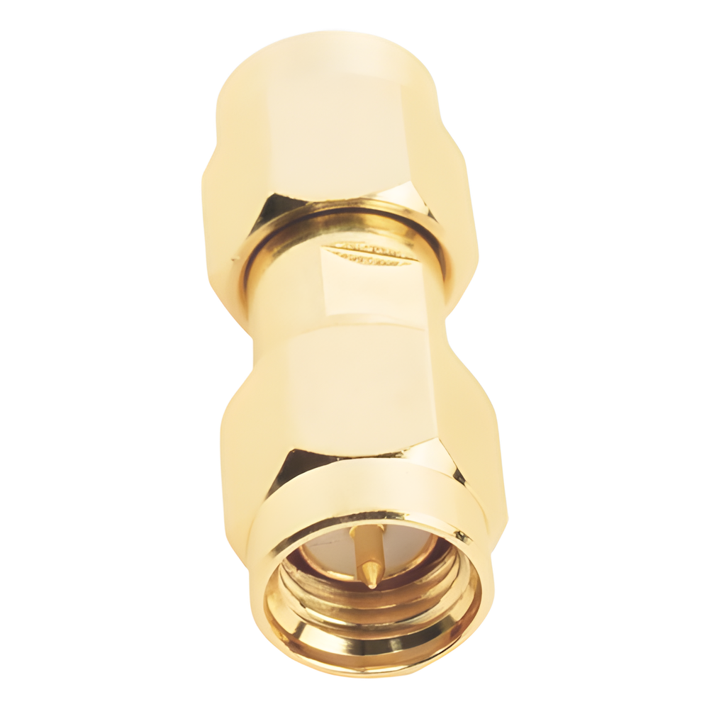 Adaptador Tipo Barril, de Conector SMA Macho a SMA Macho, Oro/ Oro/ Teflón.â€‹