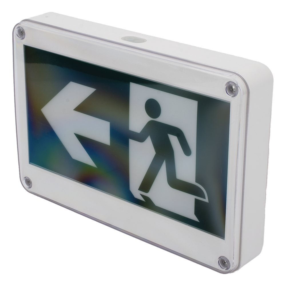 Letrero EXTERIOR de Señalización salida "Hombre Corriendo"/ Alto brillo / Uso en pared, lateral o techo / Batería de Respaldo Incluida con hasta 120 minutos de duración