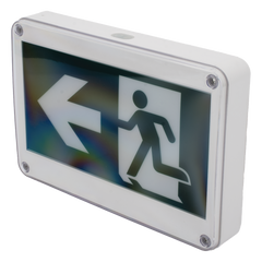 Letrero EXTERIOR de Señalización salida "Hombre Corriendo"/ Alto brillo / Uso en pared, lateral o techo / Batería de Respaldo Incluida con hasta 120 minutos de duración
