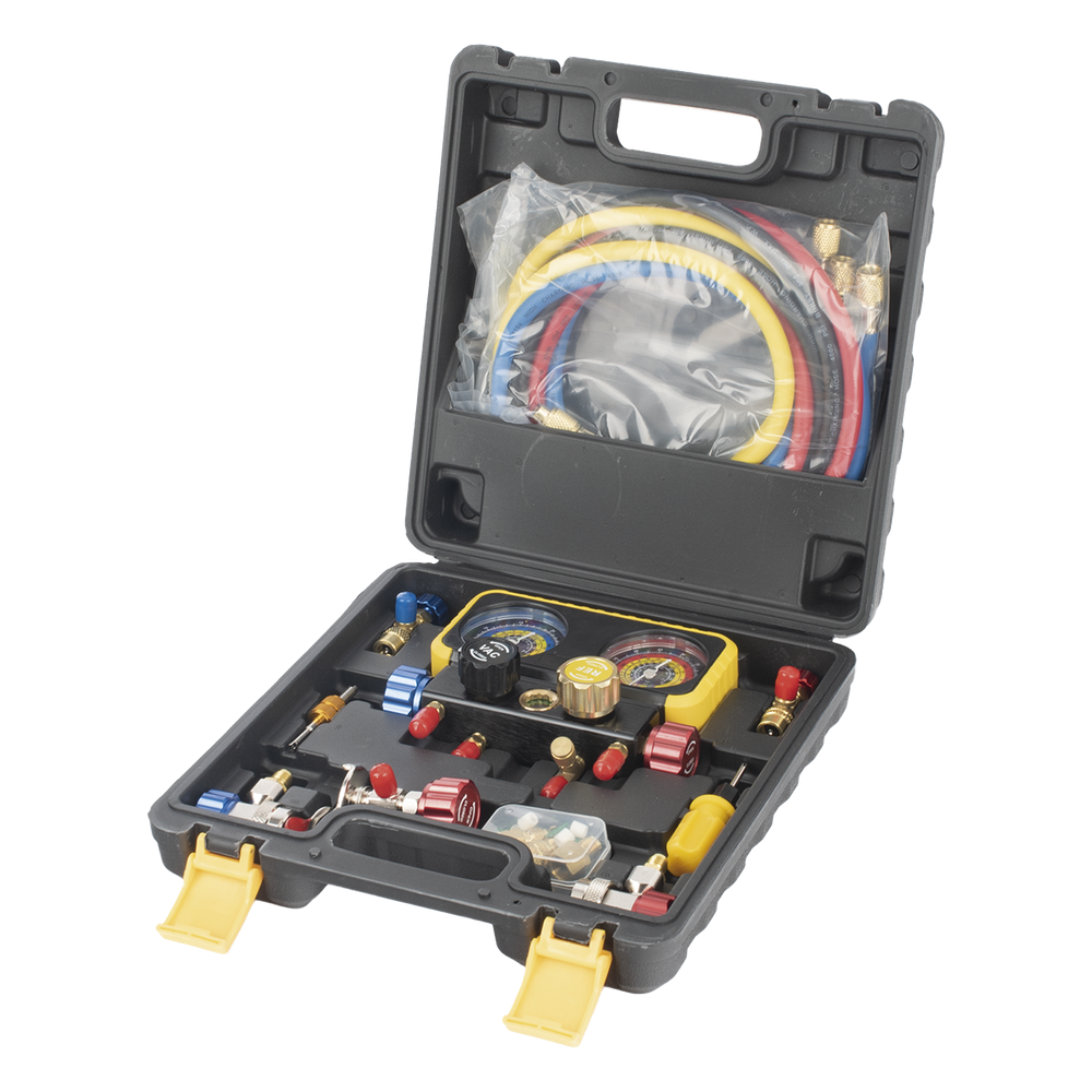 Manómetro de 4 vías con Accesorios para Gas refrigerante  R410A/ R32/ R134A/R22