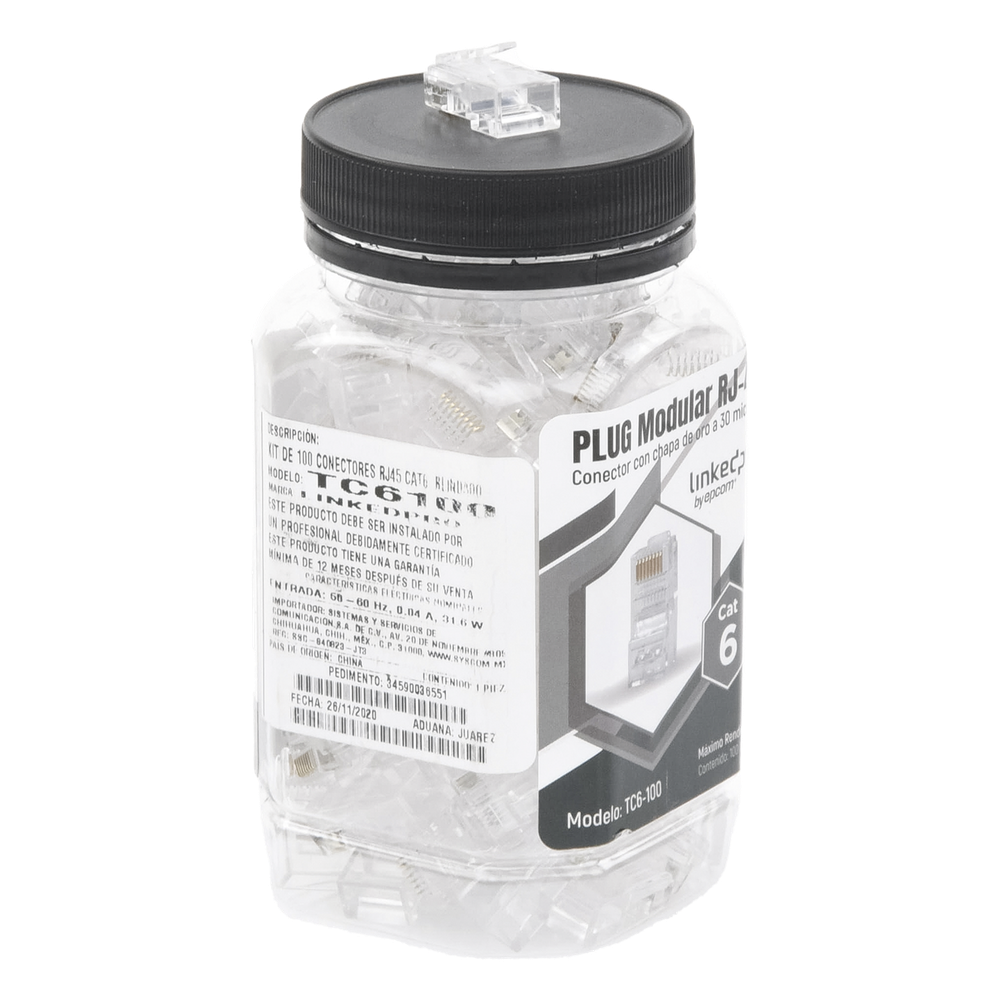 Bote con 100 Piezas de Plug Modular RJ45 Cat6 sin Blindaje, Chapado de Oro a 30 Micras para Durabilidad Extrema