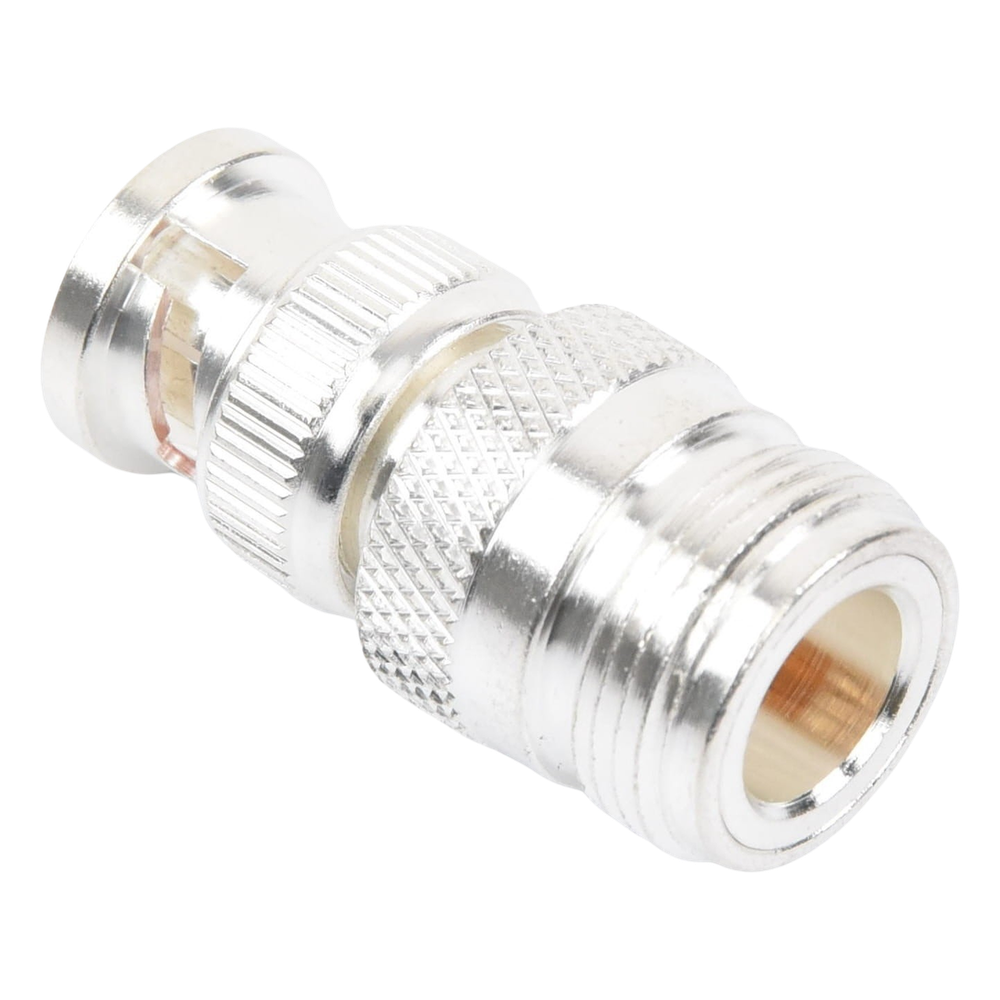 Adaptador en Linea para 50 Ohm, de Conector N Hembra a BNC Macho, Plata /Oro /Teflón.