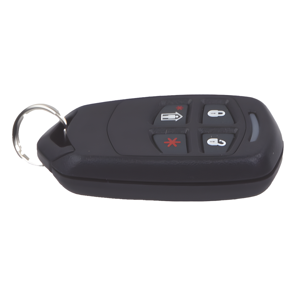 Control remoto inalámbrico tipo llavero de 4 botones con funciones programables para sistemas de alarma
