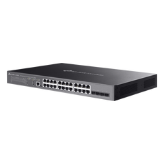 Switch Omada L3 SDN Administrable / 24 puertos PoE af/at Gigabit y 4 puertos SFP+ / Presupuesto PoE 720W / Funciones RIP, VRRP, Servidor DHCP / Administración centralizada OMADA / Fuente Redundante