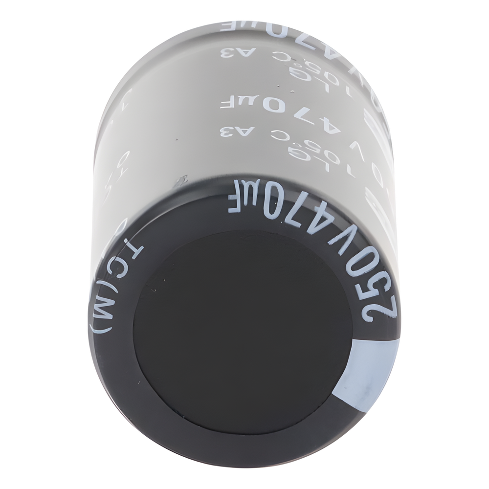 Capacitor Electrolítico de Aluminio, Radial de 470 µFd, 250 Vcc, 105 °C, 25 x 40 mm.
