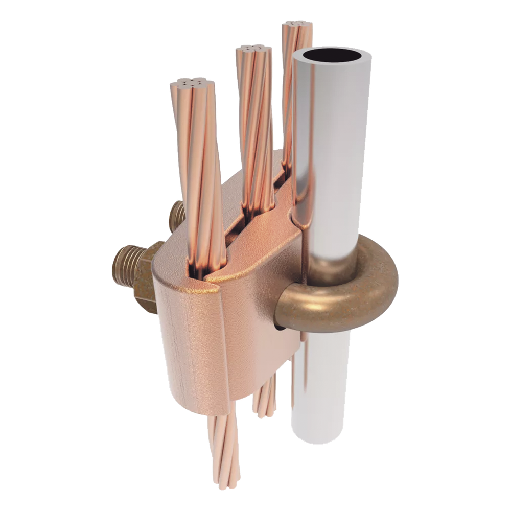 Conector Mecánico para 3 Cables para Calibre 2/0 AWG - 250 KCMIL a Tubería de 3/8"  o  Varilla 5/8" - 3/4".