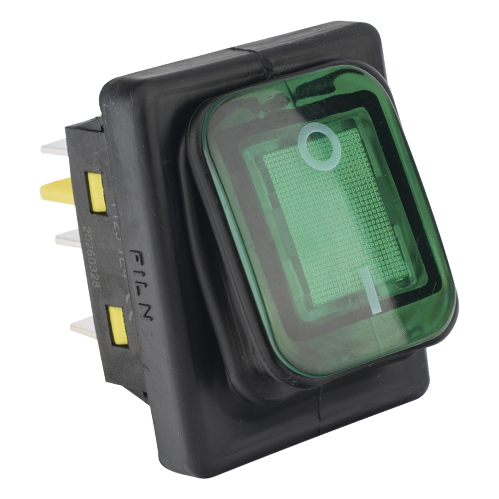 Interruptor tipo Switch con Led Color Verde / IP65 / Diseño Industrial / NO, COM, NC / Terminales tipo F1