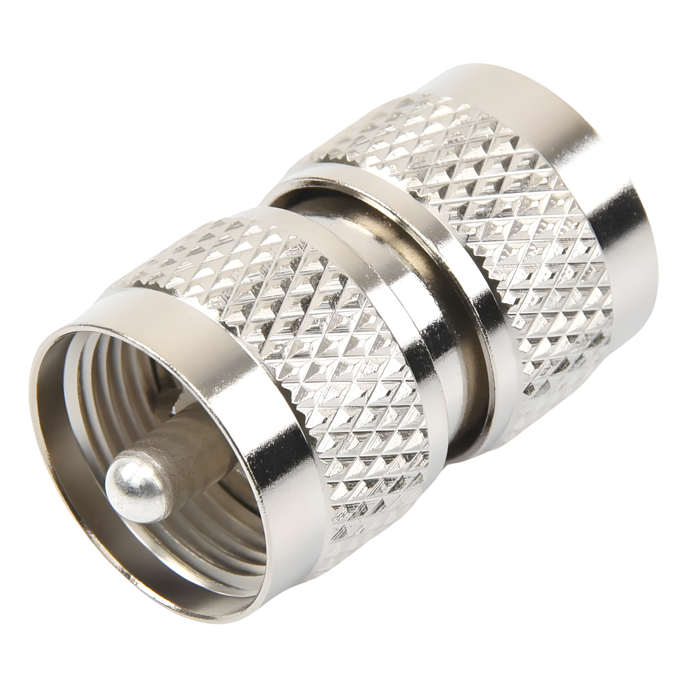 Adaptador Barril en Línea, de Conector UHF Macho (PL-259) a UHF Macho (PL-259), Níquel/ Plata/ Teflón.