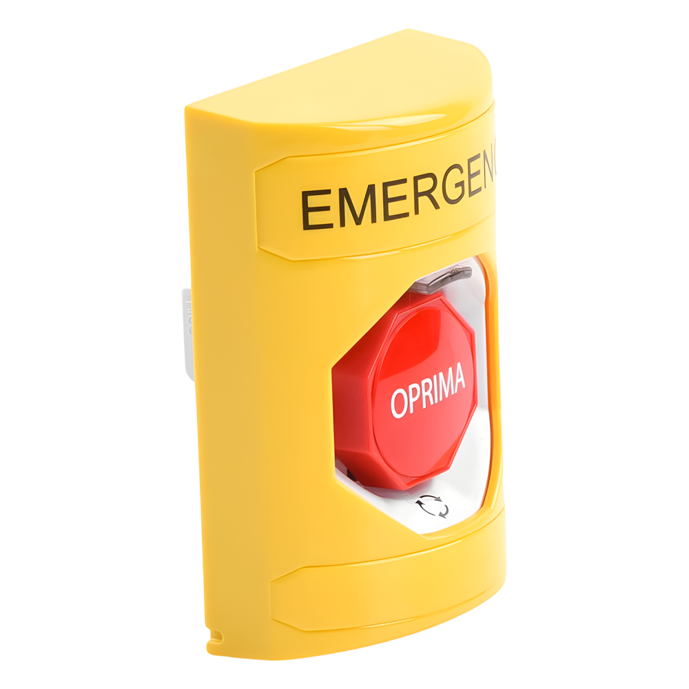Botón de Emergencia en Español, Color Amarillo, Acción Mantenida, Girar para Restablecer y LED Multicolor