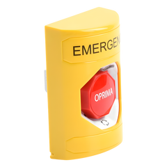 Botón de Emergencia en Español, Color Amarillo, Acción Mantenida, Girar para Restablecer y LED Multicolor