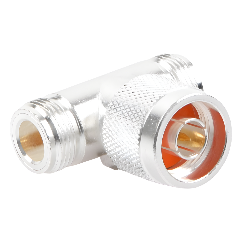 Adaptador en T, de Conector N Macho a Doble N Hembra, Plata/ Oro/ Teflón.