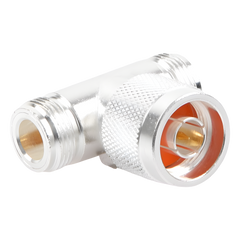 Adaptador en T, de Conector N Macho a Doble N Hembra, Plata/ Oro/ Teflón.