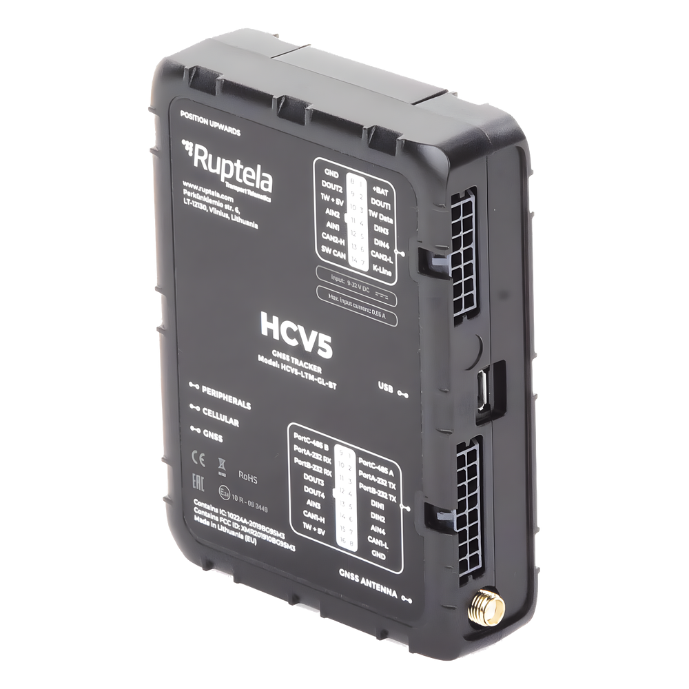 Localizador y Rastreador Vehicular GPS Avanzado / LTE Cat M1 (4G), 3G y 2G / Lectura de Computadora de Viaje en Vehículos Compatibles / CAN FMS, J1708 y J1939 / Sensores Bluetooth BLE 5.1 / RS232 y RS485 / Entradas Analógicas y RFID / Vehículos Ligeros