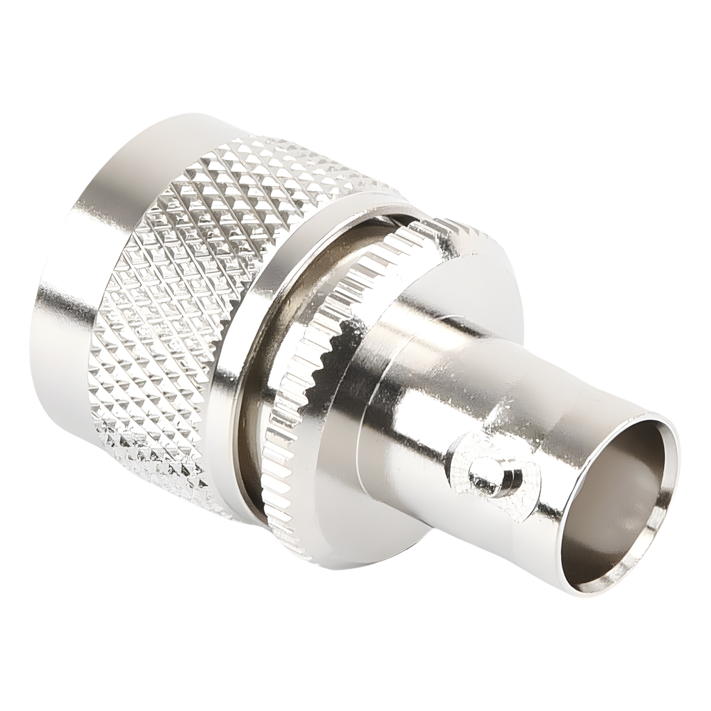 Adaptador en Línea para 50 Ohm, Conector BNC Hembra-UHF Macho (PL-259), Níquel/ Plata/ Delrin.