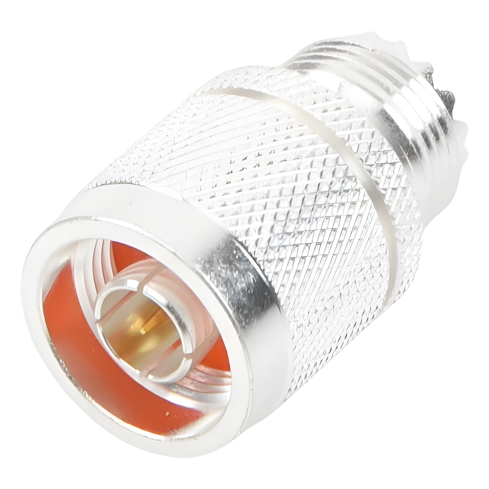 Adaptador en Línea, de Conector N Macho a UHF Hembra (SO-239), Plata/ Oro/ Teflón.