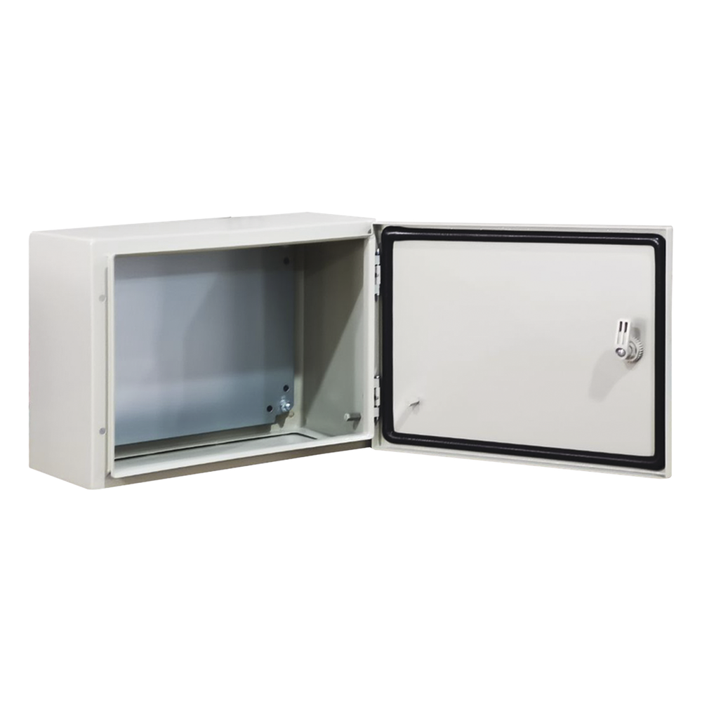 Gabinete de Acero IP66 Uso en Intemperie (400 x 300 x 300 mm) con Placa Trasera Interior Metálica y Compuerta Inferior Atornillable (Incluye Chapa y Llave T). Ideal para Centros de Carga y Tableros de Control.