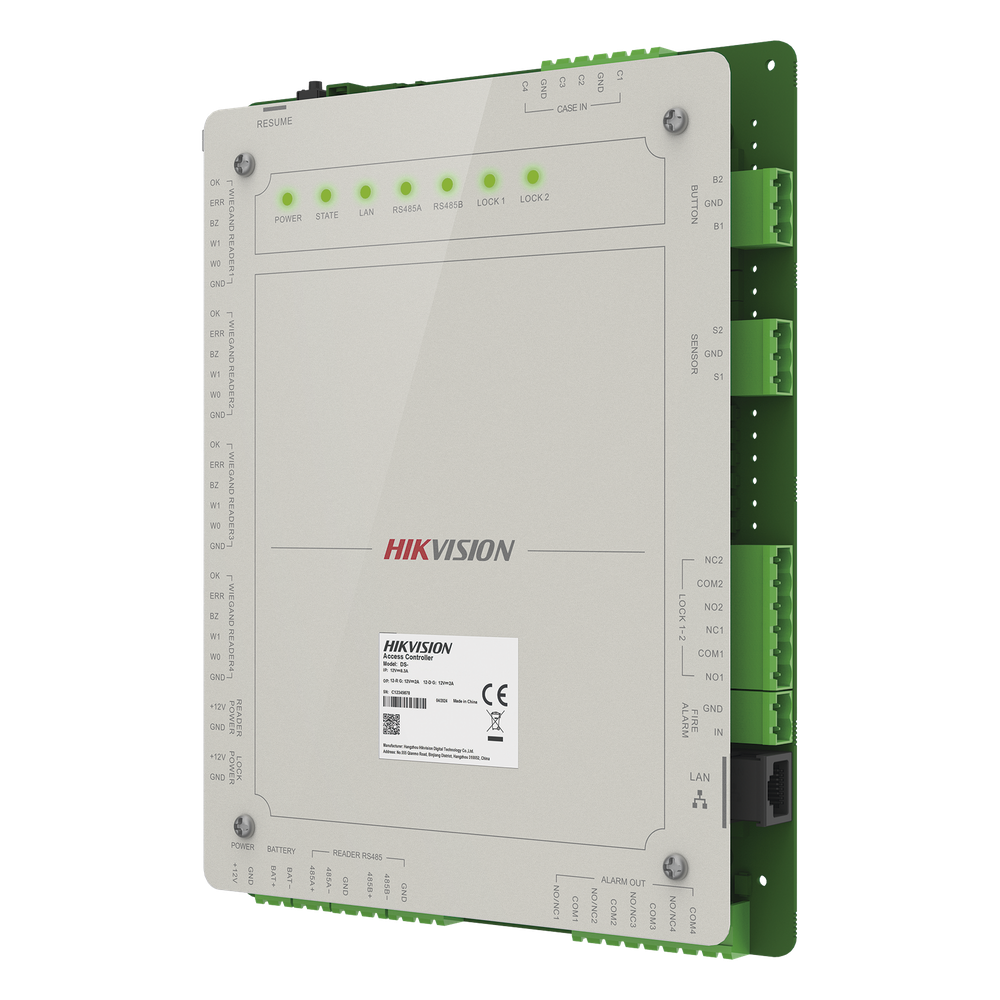 Controlador de Acceso 2 Puertas Administrable en la Nube con Hik-Connect Teams / Interfaz Web / 4 Lectores de Huella o Tarjeta / 100,000 Tarjetas / 10,000 Huellas / Incluye Gabinete y Fuente de Alimentación 12 Vcd 8 A / Soporta Batería de Re