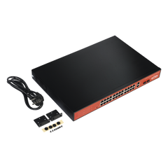 Switch PoE (802.3af/at/bt) / No administrable de largo alcance / Hasta 250m / Con 24 x 10/100Mbps + 2 x SFP Gigabit Combo / 250 W
