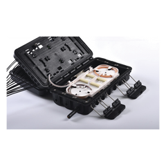 Caja de Distribución de Fibra Óptica para 24 Empalmes, con 16 acopladores SC/APC simplex, Exterior IP65, Color Negro