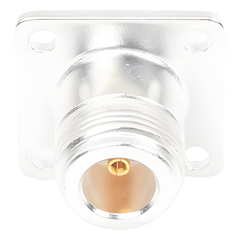 Conector N Hembra para Montaje Frontal en Panel con 4 Perforaciones a 18 mm, Plata/ Oro/ Teflón.