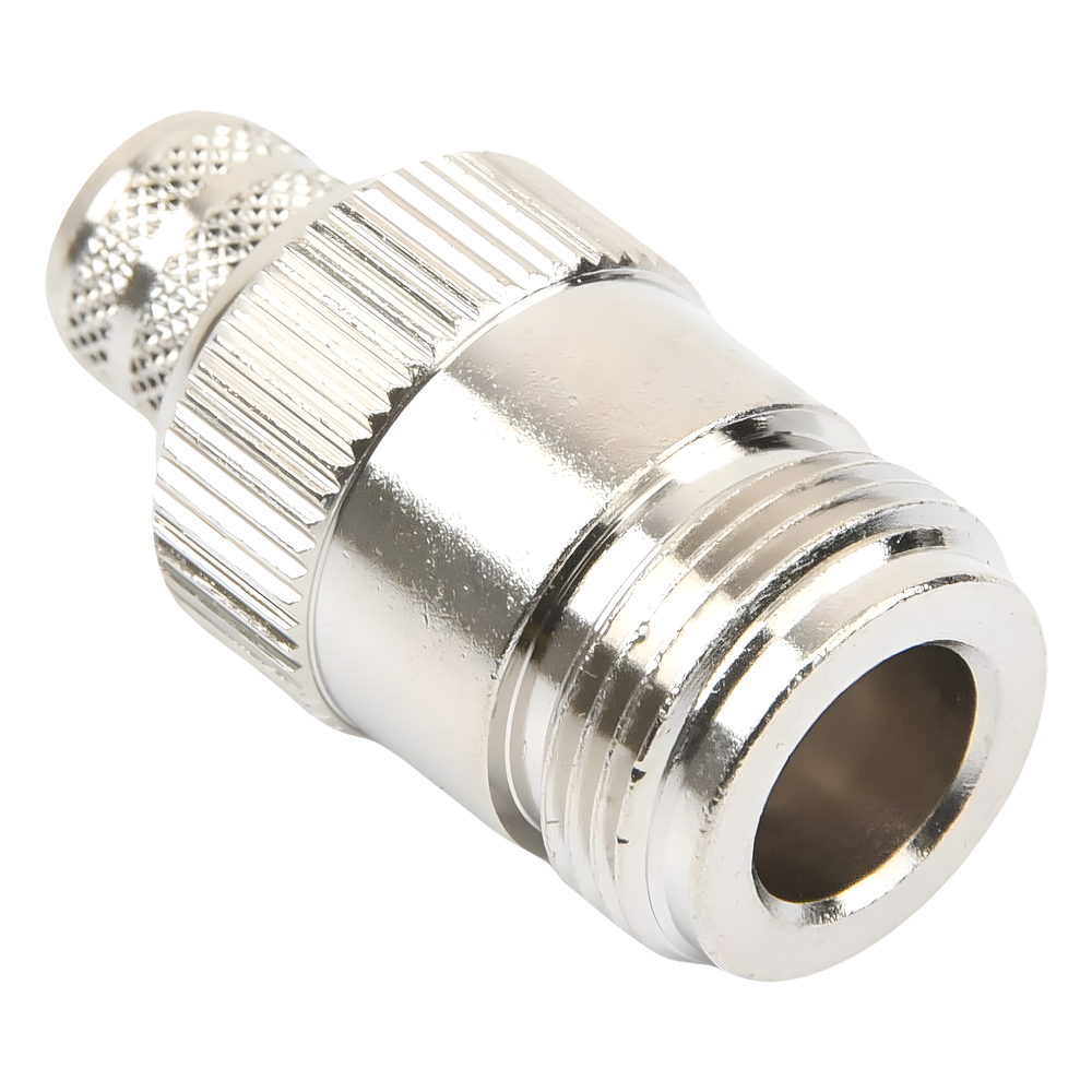 Conector N Hembra Inverso de Anillo Plegable para Cables 9913, RG-8/U, LMR-400, Grupo I, Níquel/ Oro/ Teflón.