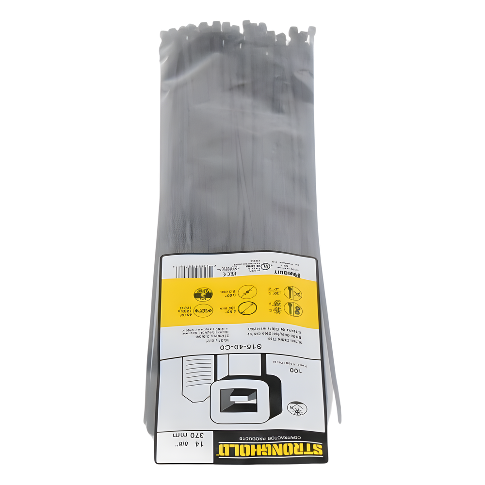 Cincho de Nylon 6.6 StrongHold™, 370mm largo x 3.6mm ancho, Color Negro, Exterior Resistente a Rayos UV, Paquete de 100pz