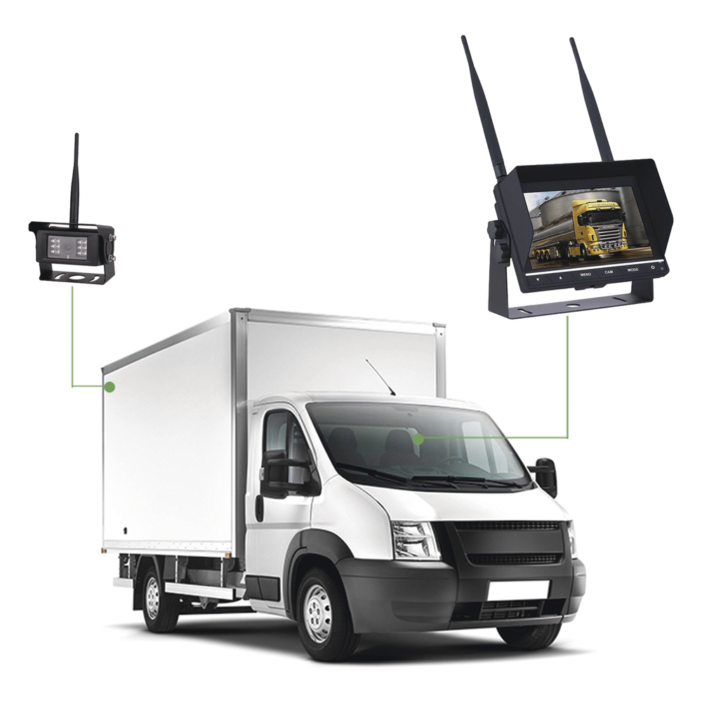 Sistema Profesional Inalámbrico de Cámara de Reversa Infrarroja y Monitor de 7" para Vehículos de Trabajo y Montacargas