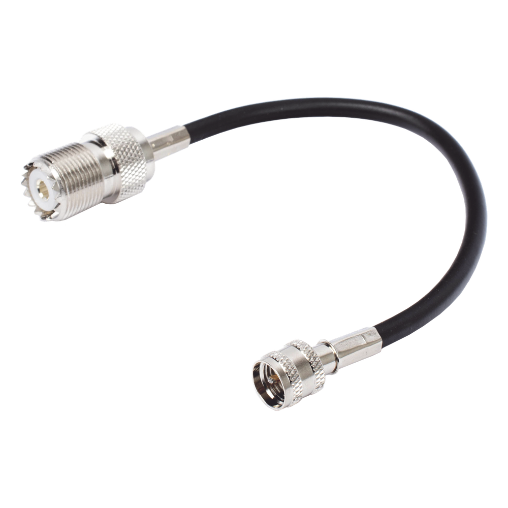 Jumper Adaptador de Conector Mini UHF Macho a UHF Hembra (SO-239), Níquel/ Oro y Plata/ Delrin.