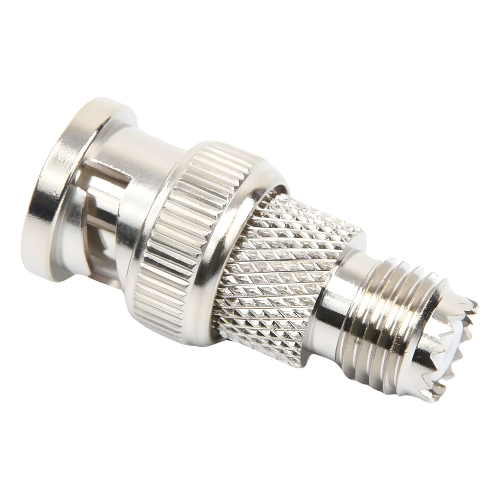 Adaptador en Línea de Conector Mini-UHF Hembra a BNC Macho, Níquel/ Oro/ Teflón.