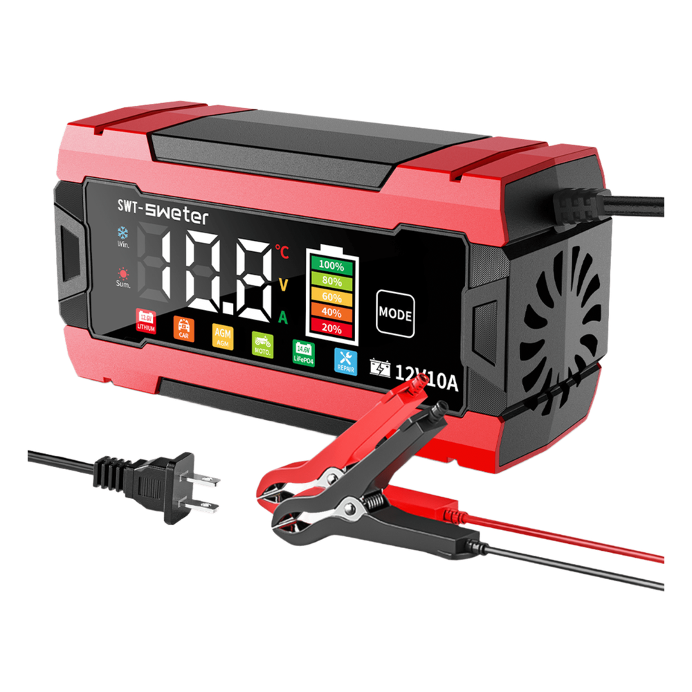 Cargador Inteligente Automático 3 Etapas / 12V 10A / Para Motocicleta, Auto, ATV / Baterías AGM, GEL, SLA, WET, DEEP CYCLE, Litio 12.6V, LiFePO4 14.6V / LCD / Protección Inversa Polaridad