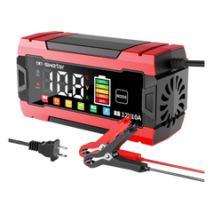 Cargador Inteligente Automático 3 Etapas / 12V 10A / Para Motocicleta, Auto, ATV / Baterías AGM, GEL, SLA, WET, DEEP CYCLE, Litio 12.6V, LiFePO4 14.6V / LCD / Protección Inversa Polaridad