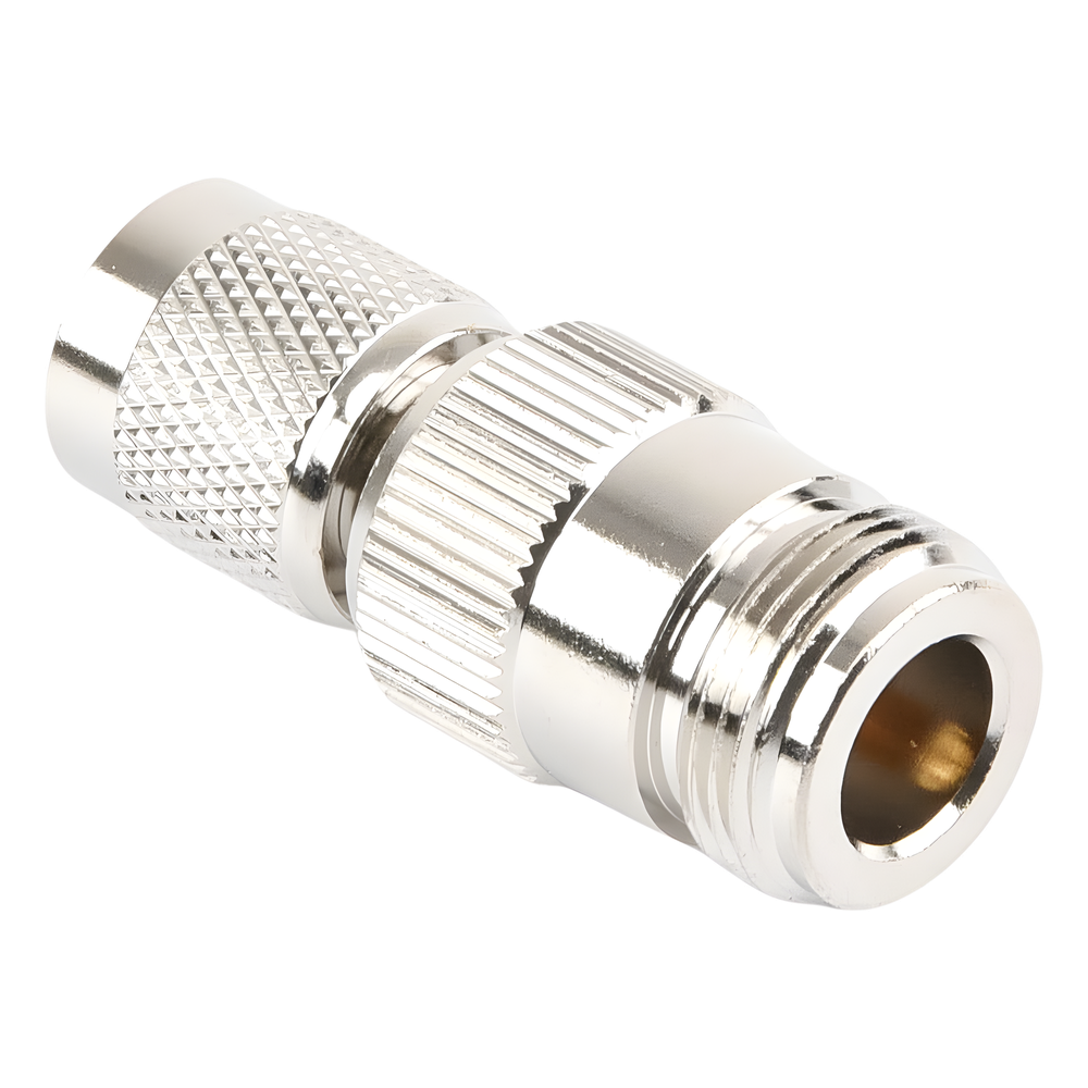 Adaptador en Línea, de Conector TNC Macho Inverso a N Hembra, Niquel/ Oro/ Teflón.