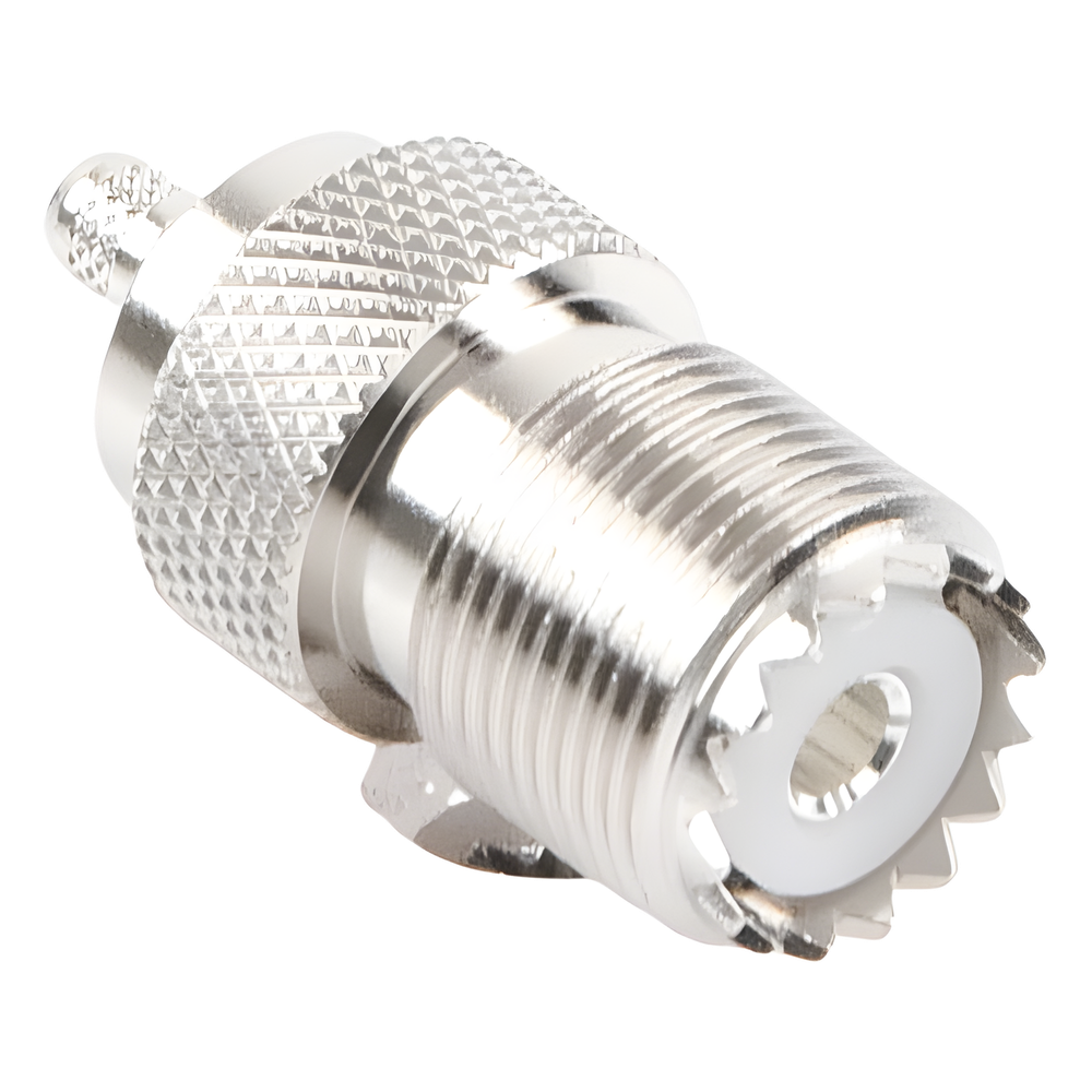 Conector UHF Hembra (SO-239) en Línea, de Anillo Plegable para Cable RG-58/U, RG-142/U, Níquel/ Plata/ Delrin.