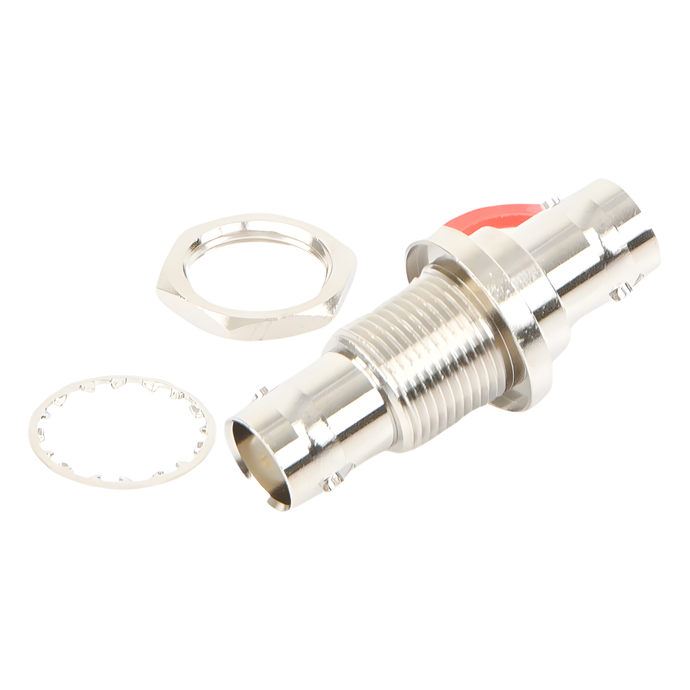 Adaptador Doble BNC Hembra para Chasis, Hermético y de Montaje en D-Plano, Níquel/ Oro/ Delrin.