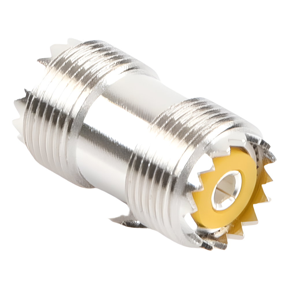 Adaptador Barril en Línea, de Conector UHF Hembra (SO-239) a UHF Hembra (SO-239), Niquel/ Plata/ Dap.