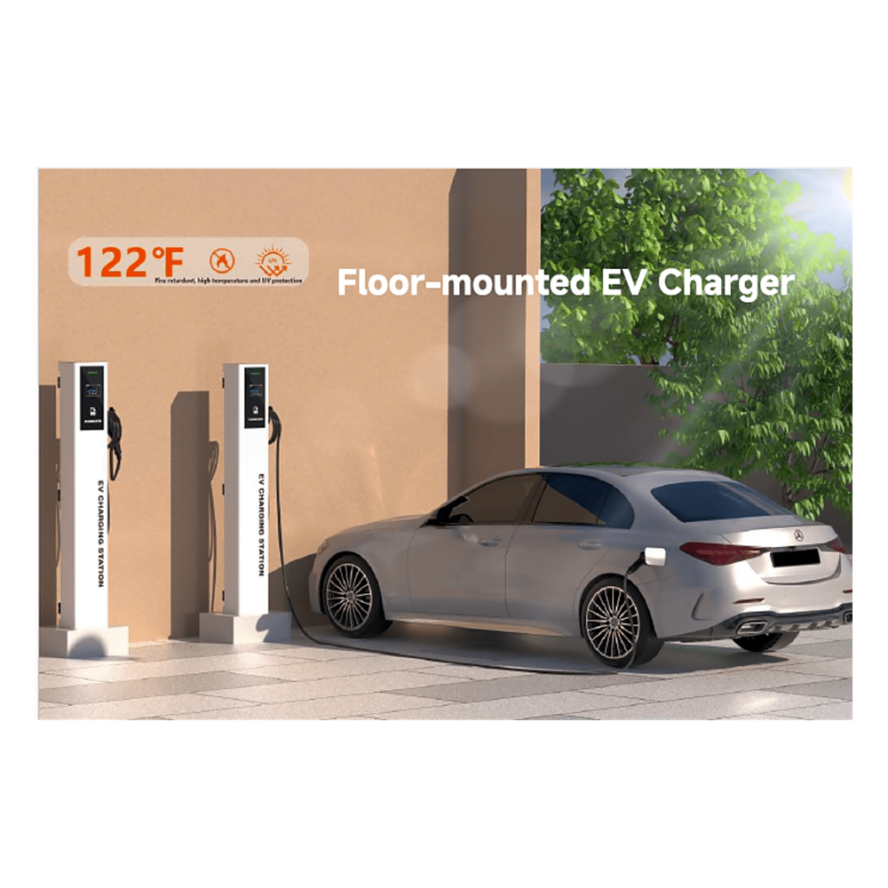 Estación de Carga para Vehículos Eléctricos / Tipo Pedestal / Doble Conector Tipo 1 (SAE J1772) / 48 A / 11.5 kW por Puerto / Pantalla LCD 4.3 in (10.9 cm) / RFID / Protección IP54 / Chasis SGCC Galvanizado