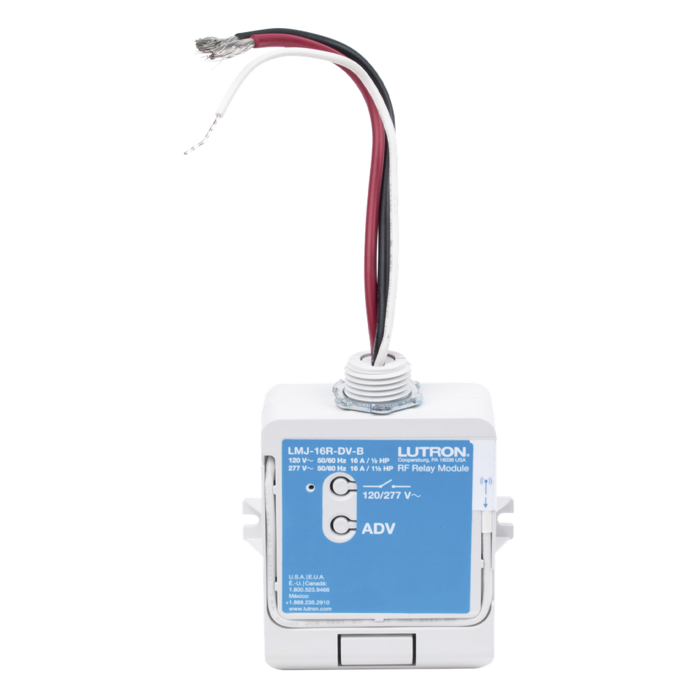 Módulo de relé de radiofrecuencia con tecnología Softswitch, conmuta hasta 16 A de propósito general, 120/277 V, apto para plenum, compatible con RA2 Select, RadioRA 2 y HomeWorks