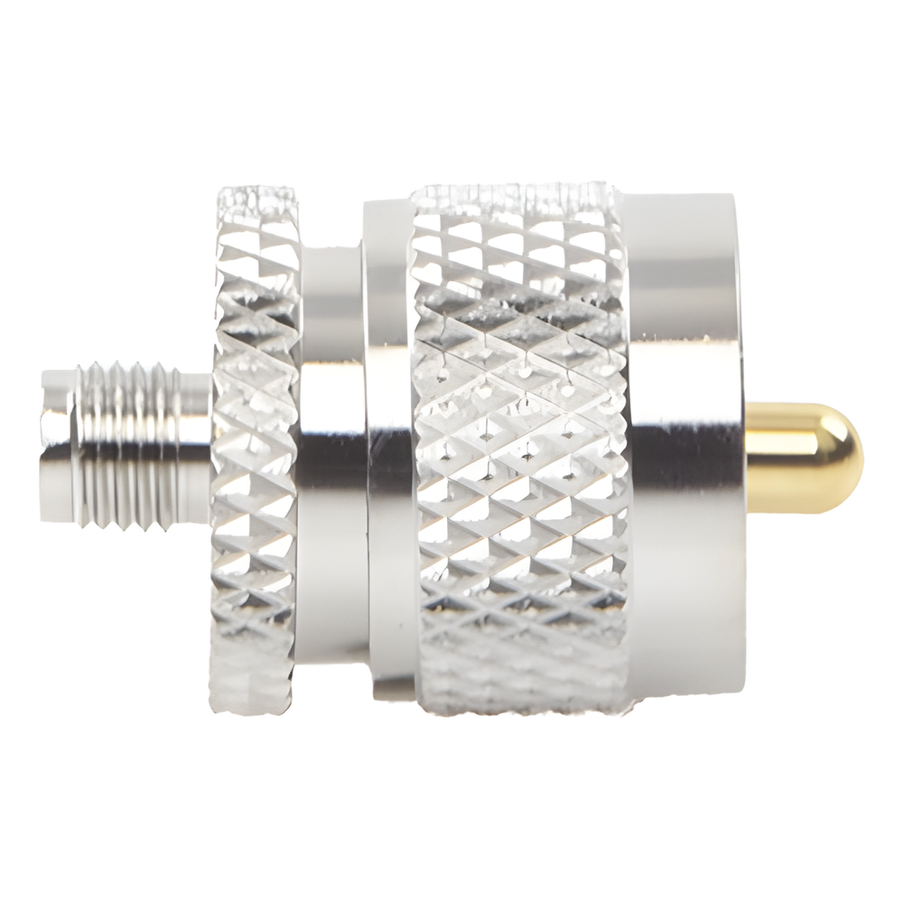 Adaptador en Línea de Conector SMA Hembra a UHF Macho (PL-259), Níquel/ Oro/ Teflón.