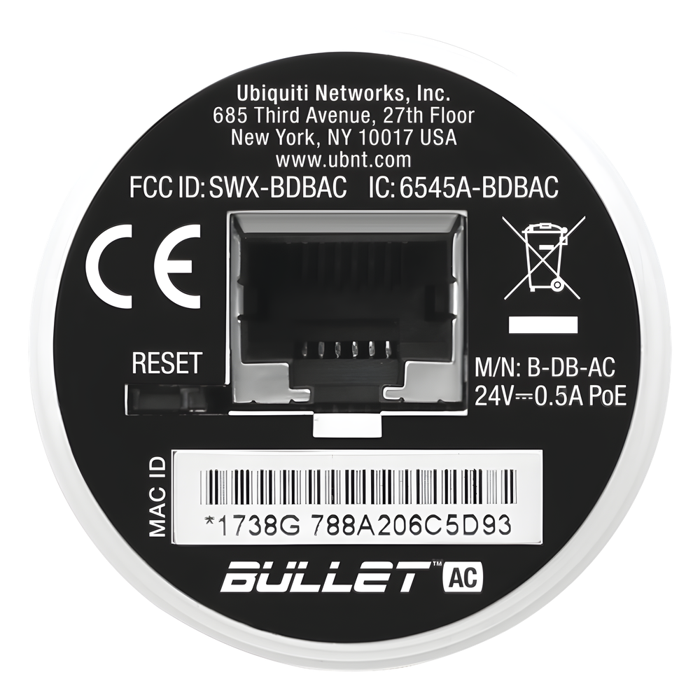 Radio Doble Banda Bullet airMAX AC hasta 160 Mbps en 2.4 GHz (2412-2472 MHz) o 300 Mbps en 5 GHz (5150-5875 MHz)