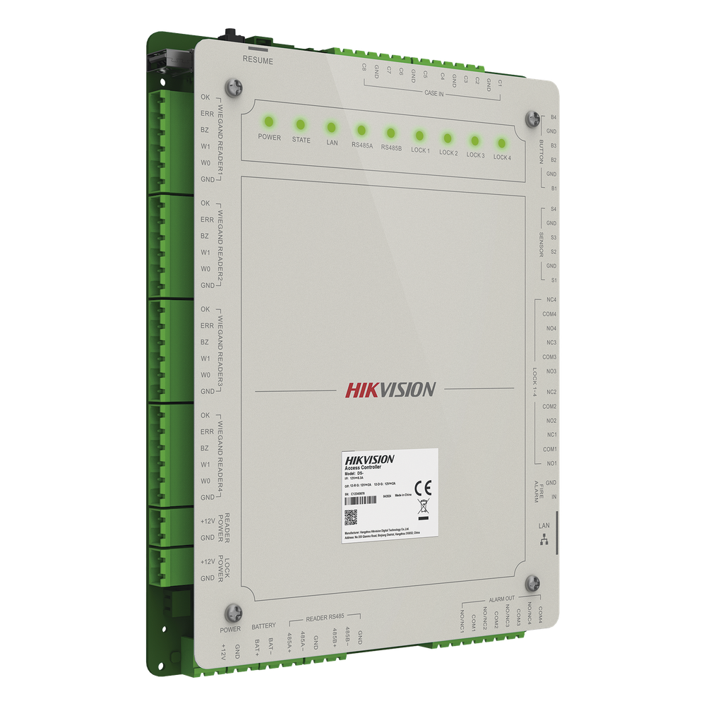 Controlador de Acceso 4 Puertas Administrable en la Nube con Hik-Connect Teams / Interfaz Web / 8 Lectores de Huella o Tarjeta / 100,000 Tarjetas / 10,000 Huellas / Incluye Gabinete y Fuente de Alimentación 12Vcd 8 A / Soporta Batería de Res