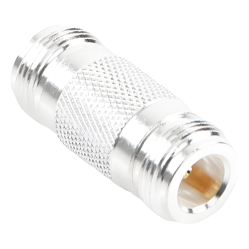 Adaptador Barril en Linea para 50 Ohm, de Conector N Hembra a N Hembra, Plata/ Oro/ Teflón.