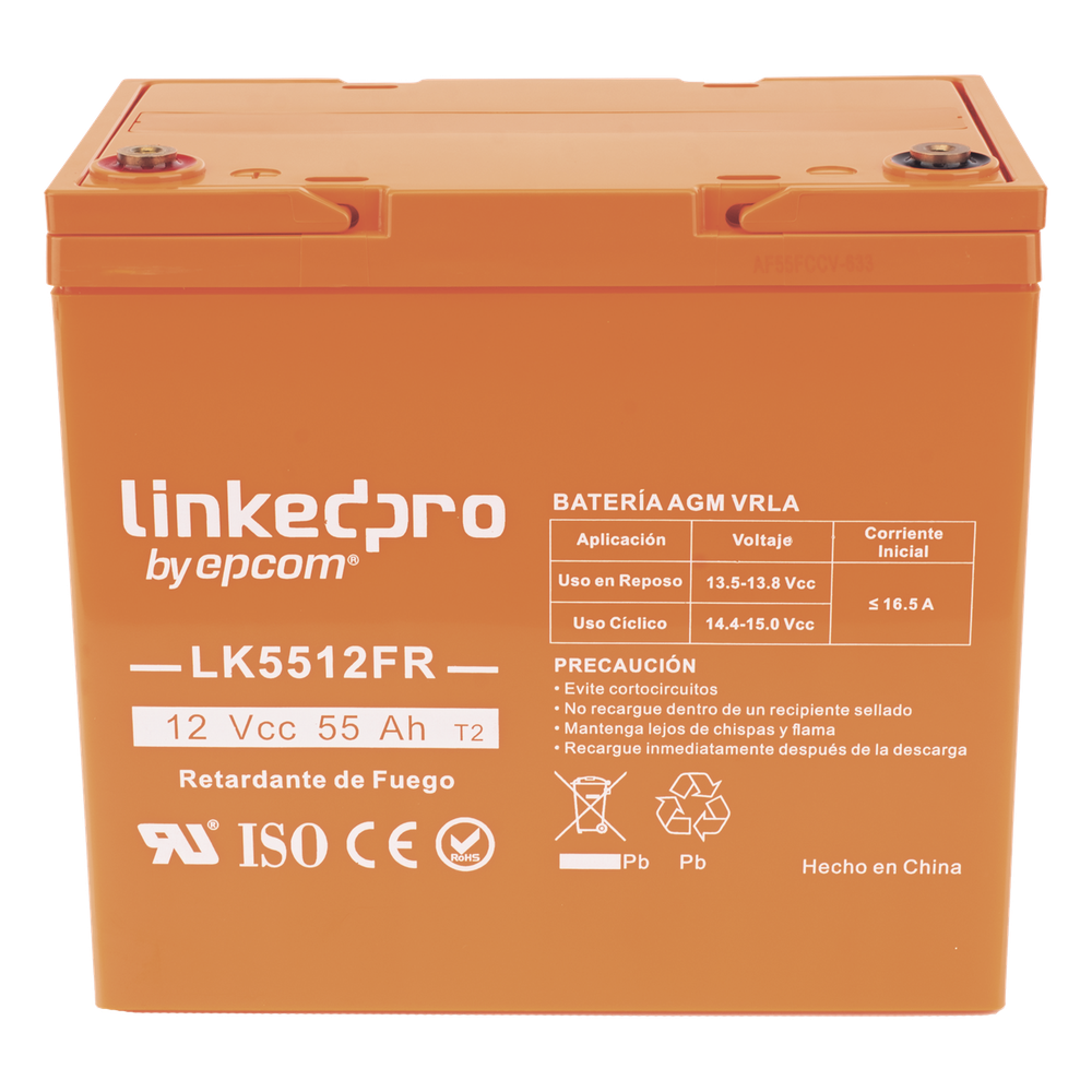 Batería de respaldo  12 V | 55 Ah | AGM | Certificada UL94-V0 Retardante a la Flama | Especial para Seguridad Electrónica | UPS  | Sistemas de emergencia | Vida útil 5 años | Terminales T2